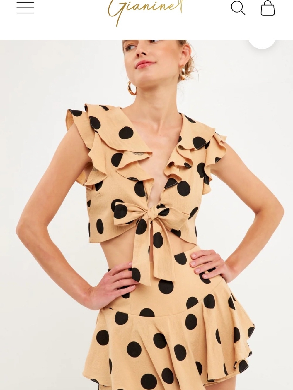 English Factory Clarissa Beige Polka Dot Tie-Front Ruffle Crop Top Size Large